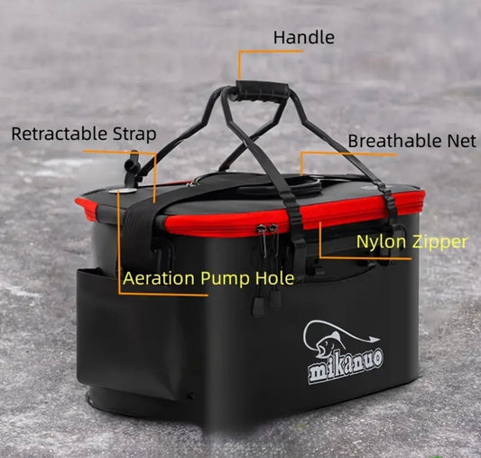 Foldable Fish and coral carrying container, just add water and go! Includes mesh cover for air exchange and a port to connect a rechargeable air pump- sold separately.