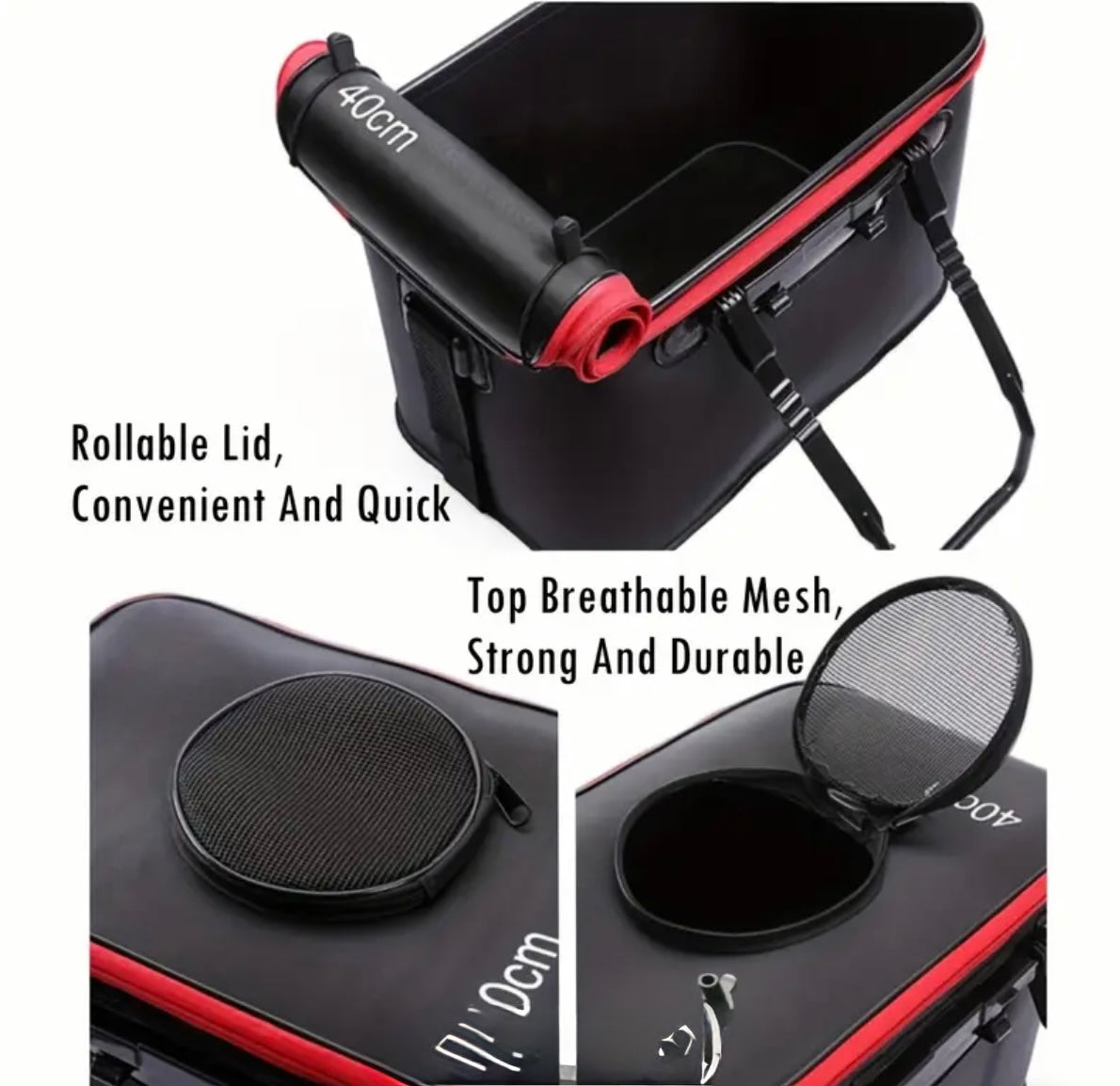 Foldable Fish and coral carrying container, just add water and go! Includes mesh cover for air exchange and a port to connect a rechargeable air pump- sold separately.